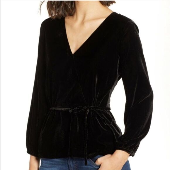 Black J. Crew Velvet Faux Wrap V-Neck Long Sleeve Top (NWT) - Picture 2 of 5